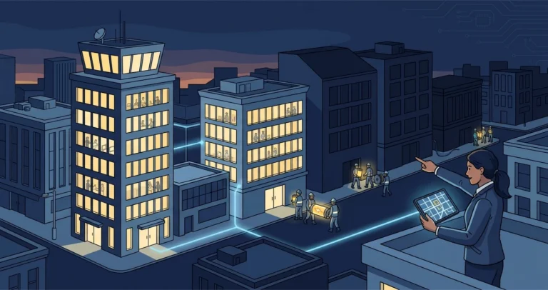 Illustration of a night-time city block where the control tower and one building are lit and working while crews carry glowing power cells to dark buildings, representing a piecemeal restore bringing hot filegroups online first