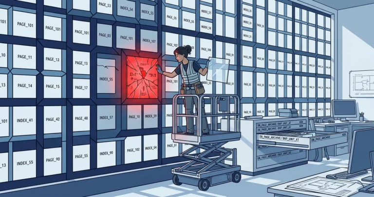 Illustration of a conservator on a lift replacing a single cracked red pane in a wall of labeled page panes with a pristine replacement from an archive, representing single-page restore from backup
