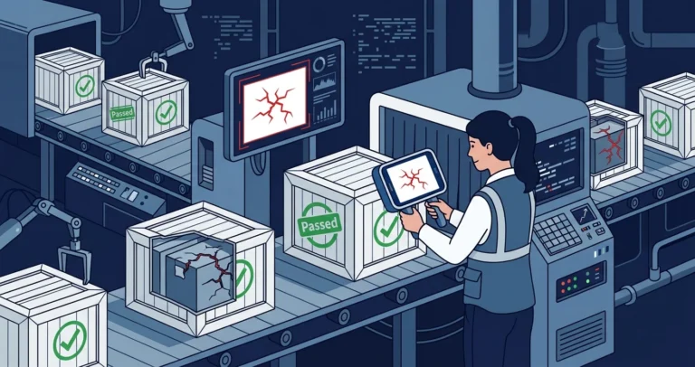 Illustration of a quality inspector using a scanner on a crate stamped passed, revealing hidden cracks inside, representing why backup verification needs more than RESTORE VERIFYONLY