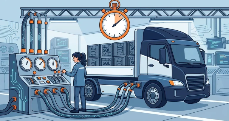 Illustration of a woman adjusting dials on a tuning control panel connected by multiple parallel hoses to a truck loaded with SQL data crates beneath a large stopwatch, representing backup performance tuning