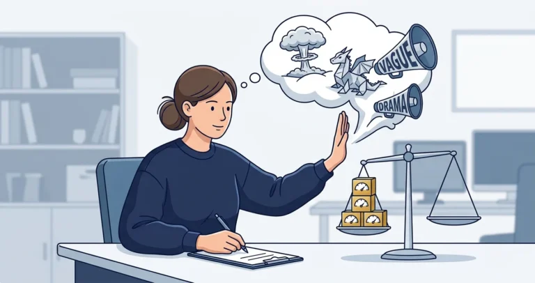 A calm woman at a desk writes an incident report while gently pushing away a deflating thought bubble containing a toy mushroom cloud, a paper dragon, and megaphones, choosing instead a balance scale holding four small measured gold data blocks.