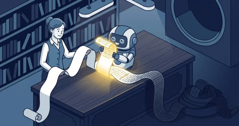 Illustration of a woman librarian handing a very long scroll to a reading robot; only the first stretch of the scroll glows while the rest coils unread on the floor