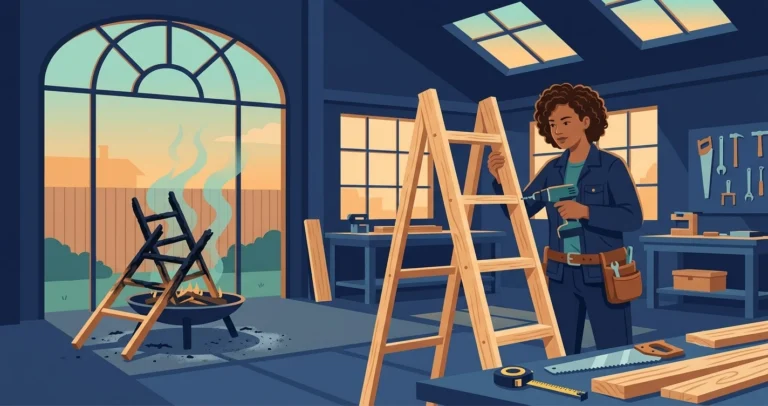 Illustration of a woman carpenter building a wooden ladder at dawn while the charred remains of yesterday's identical ladder smolder in a fire pit behind her
