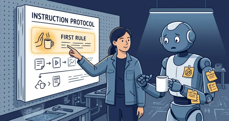 Illustration of a woman engineer pointing at a wall-mounted rulebook while a sheepish robot holds a coffee mug it was told not to touch