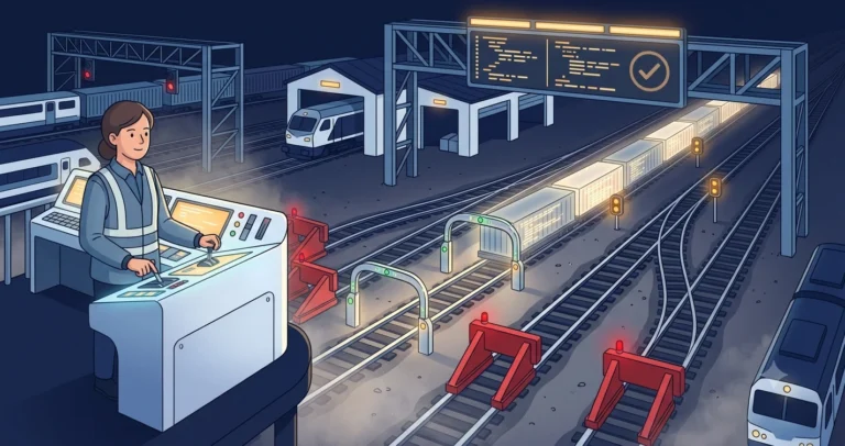 Illustration of a woman engineer at a railway switchyard control panel routing a glowing train through safety gates while locked-off branch tracks show red lights