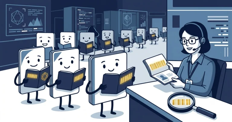 Illustration of anthropomorphized account cards queueing at a passport control desk where a DBA inspects passports showing barcode strips of varying lengths, representing SQL Server SIDs