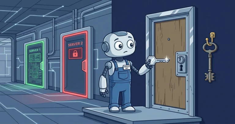Illustration of a service robot holding a shiny new key at a door whose keyhole matches an older key hanging beside it, with one server door glowing green and another red, representing a recreated Windows account with a mismatched SID