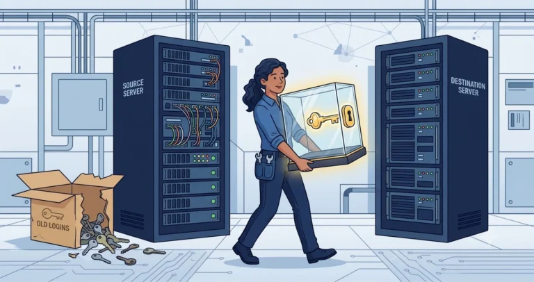 Illustration of a DBA carrying a glass case holding a glowing key and its matching lock from a source server rack to a destination server rack, past a torn box of old mismatched keys, representing SQL Server login migration with SIDs intact