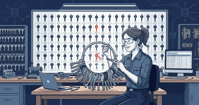 Illustration of a locksmith cataloguing a large ring of keys into a wall chart of key silhouettes, with one red crossed-out key representing a DENY, symbolizing scripting every SQL Server permission a principal holds