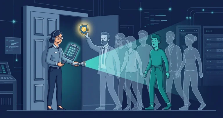 Illustration of a doorkeeper checking a single glowing group badge while translucent ghost-like figures file through the door and a flashlight beam reveals one member in full color, representing Windows group logins and invisible members