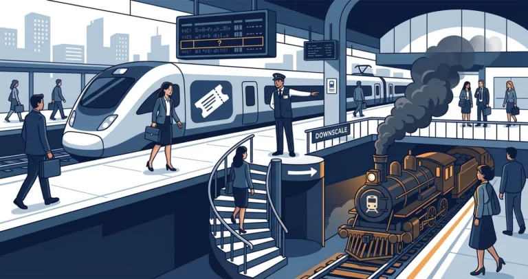 Illustration of a train station where a commuter is redirected from a sleek modern express train down a staircase to an old steam train on a lower track, representing silent NTLM fallback when Kerberos SPNs are missing