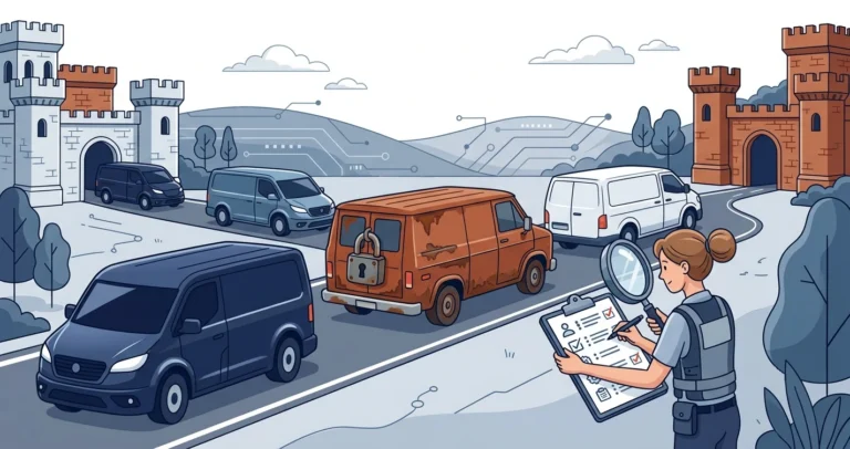 Illustration of a convoy of armored vans travelling between two castles, with one rusty 1980s van bearing an oversized padlock flagged by a security inspector, representing RC4 encryption lingering in Kerberos tickets