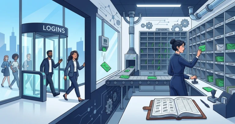Illustration of a mailroom where each visitor entering through a turnstile drops a stamped envelope onto a conveyor and an archivist files the envelopes into pigeonholes beside a tally ledger, representing login auditing with Service Broker event notifications
