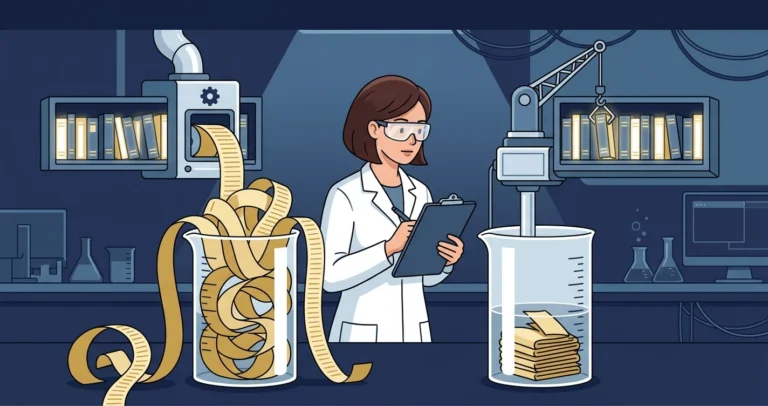 Illustration of a woman scientist comparing two lab machines: one gently shuffling books while spilling an enormous coil of paper tape into an overflowing beaker, the other rebuilding the shelf with a crane while producing a small neat stack