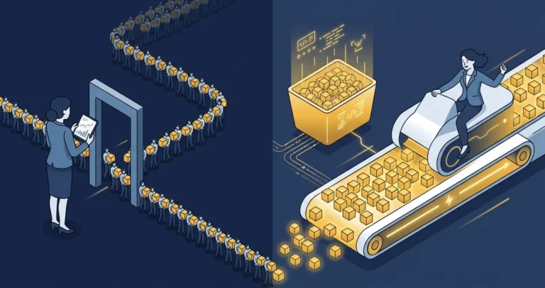 Split illustration comparing thousands of tiny workers carrying single data cubes through a narrow door versus one wide conveyor belt carrying all the cubes at once