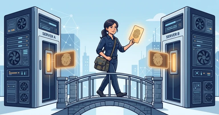 Illustration of a woman engineer crossing a bridge between two server towers, carrying identical glowing keycards with matching fingerprint patterns
