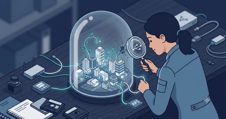 Illustration of a woman inspector examining a glass dome containing a miniature database city, with glowing cables escaping through cracks to objects outside