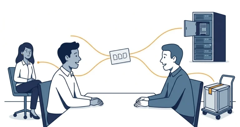 Two colleagues at a meeting table agree over a small floating card, but glowing threads from the card lead to two different objects - an open server rack and a sealed shipping crate. A third colleague, a woman, sits nearby with her thread reaching toward the card but stopping short.