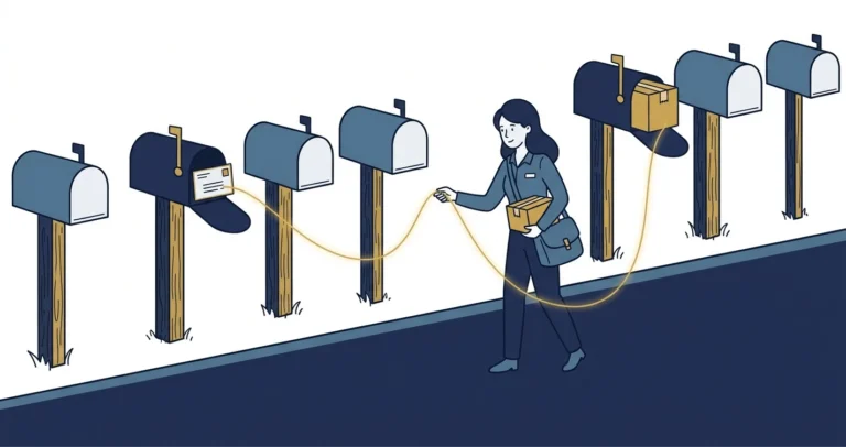 Illustration of a row of navy and steel-blue mailboxes; one holds a forwarding card connected by a glowing gold thread to a parcel at a distant mailbox, while a letter carrier follows the thread back carrying a smaller parcel