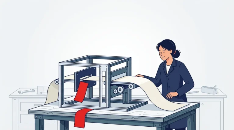 A technician feeds identical paper strips into a narrow slot and a wide slot; the strip through the narrow slot is sheared off and the severed remainder falls unnoticed to the bench below.