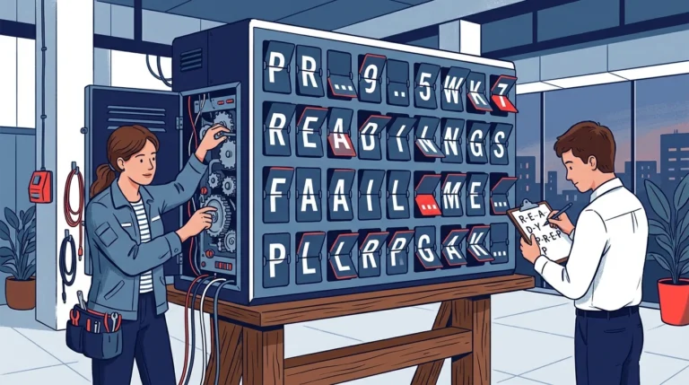 An engineer works inside the open access panel of a split-flap display board whose panels are caught mid-flip, while another person copies the unsettled reading onto a clipboard.