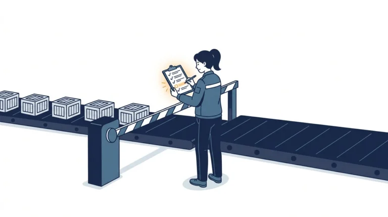 An inspector checks crates against an exclusion list that has one blank line; a barrier holds every crate back and the area beyond the gate is empty.