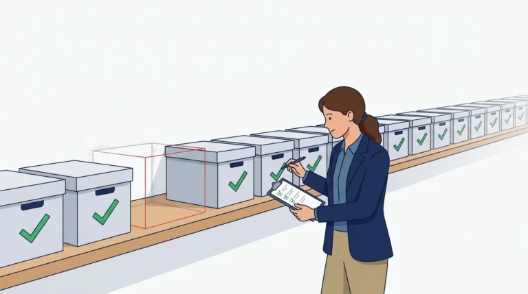 A woman engineer with a clipboard checks a long shelf of archive boxes, each marked with a green checkmark, while a conspicuous empty gap sits in the row just outside her line of sight.