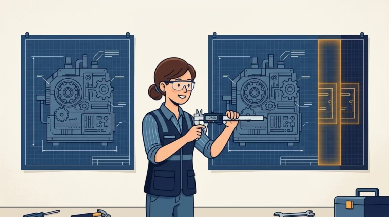 A woman engineer holds a caliper up to two technical blueprints of the same machine pinned side by side, the right-hand sheet drawn wider with three extra sections highlighted in amber.