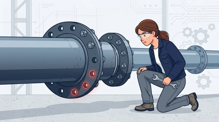 A woman engineer kneels with a wrench beside a pipe flange joint where three connection points on the wider flange have no matching holes and glow red, leaving the joint unseated.