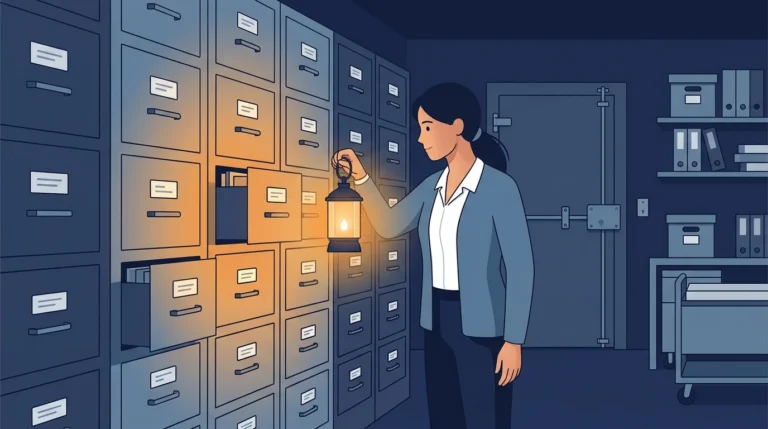 A woman archivist holds a glowing lantern up to a wall of labelled filing cabinets in a dim archive room, with a heavy bolted door closed behind her.