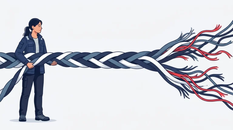 A woman in work clothes holds the intact end of a rope braided from parallel ribbons, which unravels into loose red and navy strands toward the far end where a ribbon is missing.