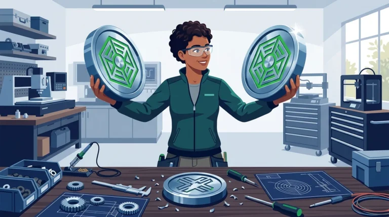 A woman engineer in a workshop holds up two large machined metal tokens whose engraved green patterns match, while a third token with a different pattern lies discarded on the bench.