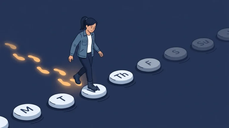 A woman engineer steps backwards along a line of round stepping stones marked with day abbreviations, with a glowing amber footprint trail showing the stones already tested behind her.