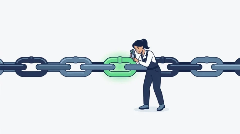 A woman engineer examines one junction of a long horizontal chain through a jeweller loupe, and that link glows green to show it has been confirmed sound.