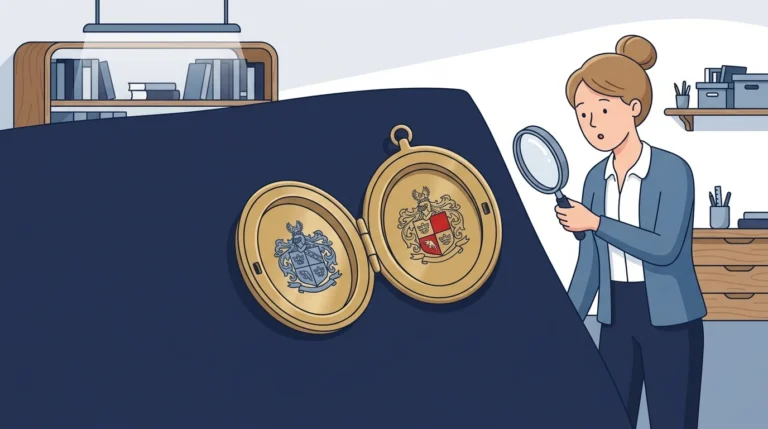 A woman archivist holds a magnifier over two open lockets lying on dark cloth, each containing an engraved crest, the two crests clearly different from one another.