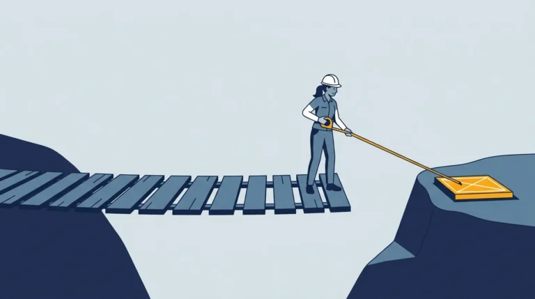 A woman engineer in a hard hat stands at the end of a plank bridge and stretches a surveyor tape across the remaining gap toward a small marked platform on the far side.