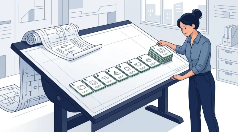 A woman at a drafting table places the final card at the end of a numbered sequence of assembly cards, with a rolled blueprint feeding in from the left.