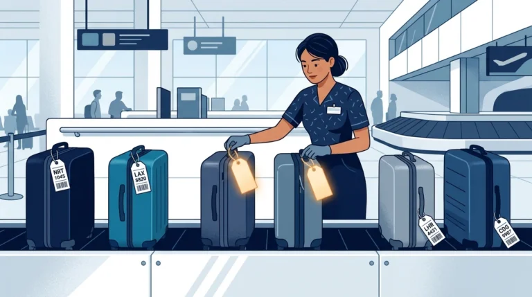 A woman baggage handler ties plain unmarked tags onto two suitcases in a row where the other cases already carry printed destination tags.
