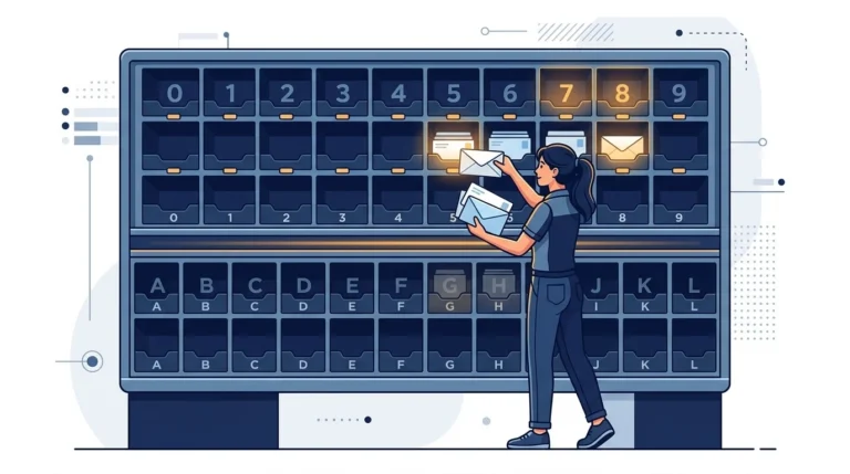 A woman sorter moves envelopes from the lettered pigeonholes of a mail sorting frame up into the numbered slots above, which glow amber as they receive the mail.