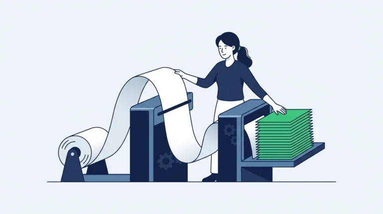 A woman operator guides a long paper scroll into a narrow slot in a machine, where it emerges on the far side as a tidy stack of separate green cut sheets.