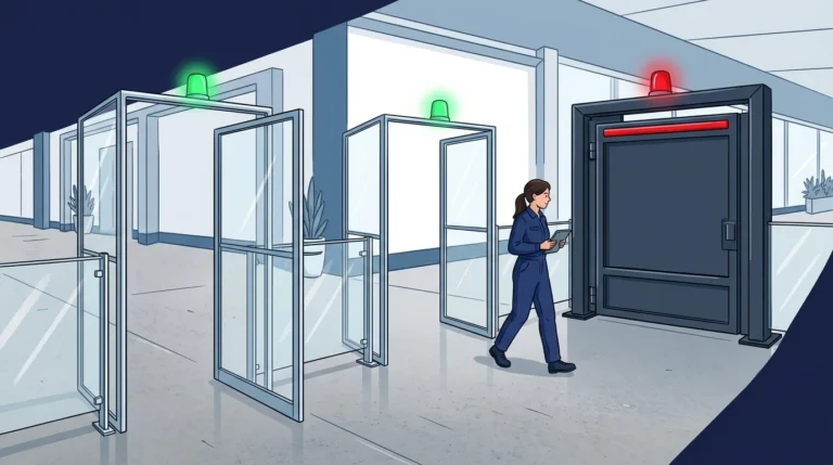 A corridor of three gates; the first two stand open under green lamps and the third is closed under a red lamp, stopping the inspector who walked through the first two.