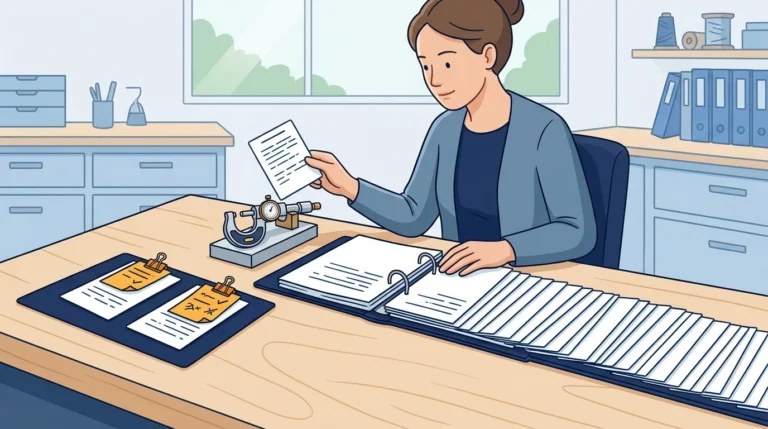 A woman at a workbench holds a rule card up against a measuring instrument beside a long row of filed cards, with two cards set aside carrying clipped correction slips.