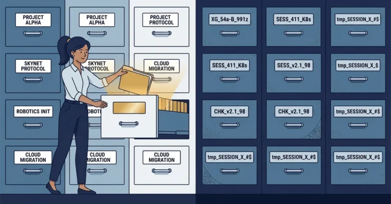 A woman engineer lifts a folder from an open drawer in a bank of filing cabinets labelled with readable project names, while an identical bank of drawers beside her, labelled with meaningless session strings, stands closed and cobwebbed.
