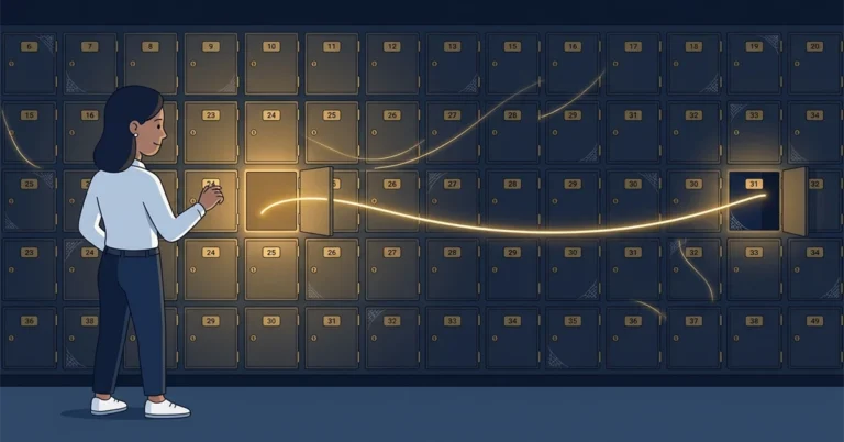 A woman systems administrator opens one locker in a wall of numbered mailroom lockers, and a thread of golden light leaves that locker and travels sideways across the wall into a different open locker several doors away, while the surrounding lockers stay closed and cobwebbed.