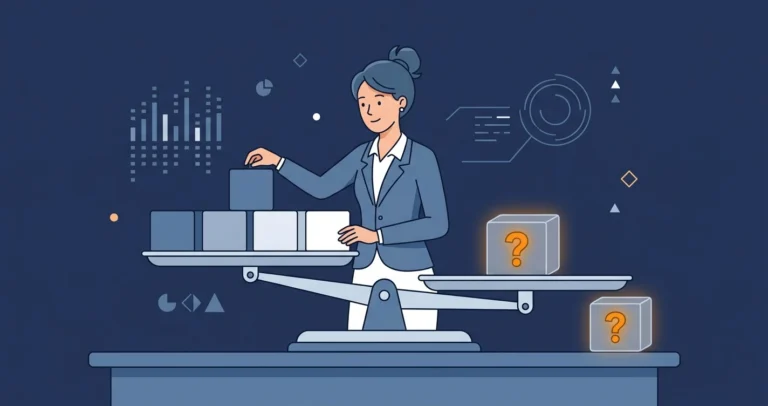 A woman analyst weighs numbered blocks on a balance scale while two translucent blocks marked with a glowing amber question-mark are left off, tipping the balance.