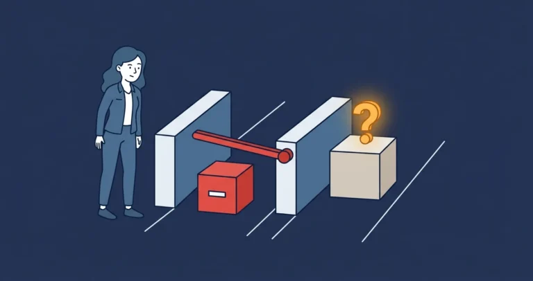 A woman engineer at a checkpoint where a red minus box is stopped by the barrier while a box marked with a glowing amber question-mark rolls through the open lane.