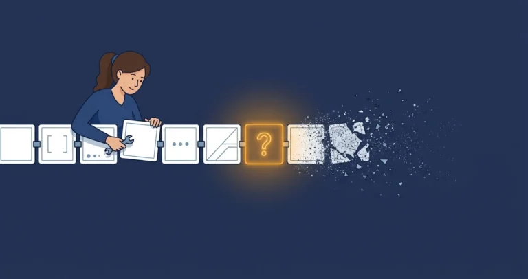 A woman engineer links tiles into a banner; one link is a glowing amber question-mark tile, and beyond it the banner dissolves into scattered particles.