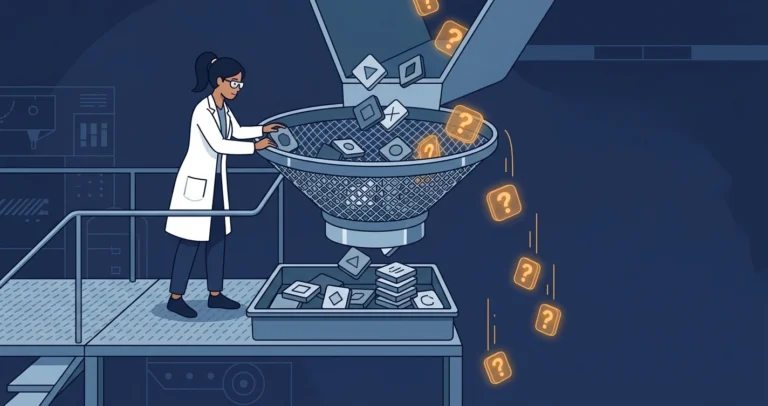 A woman scientist tends a funnel sieve; numbered tiles are collected while tiles marked with a glowing amber question-mark slip through the mesh and fall away.