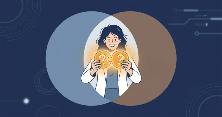 A woman scientist smiles as two glowing amber question-mark tokens click together in the bright overlap of two large interlocking circles.