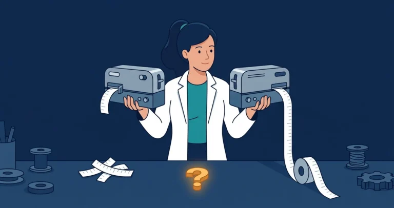 A woman engineer holds two nearly identical measuring devices; one cuts a ribbon short, the other lets an identical ribbon run to full length.